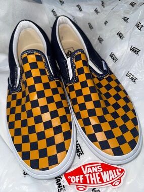 RARE Vans Orange and Black Checker Halloween Classic Slip On Shoes